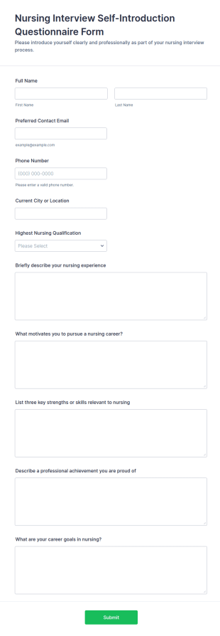Nursing Interview Self Introduction Questionnaire Form Template