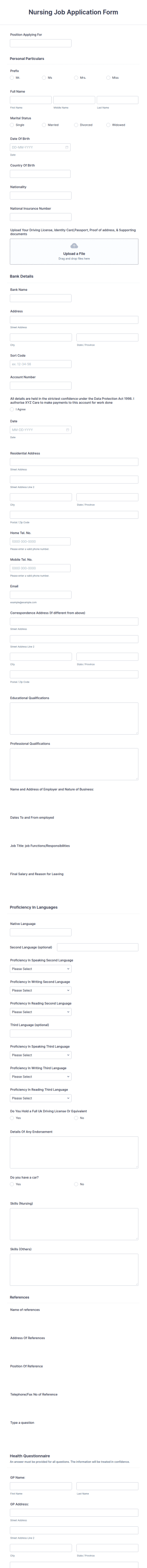 Nursing Job Application Form Template
