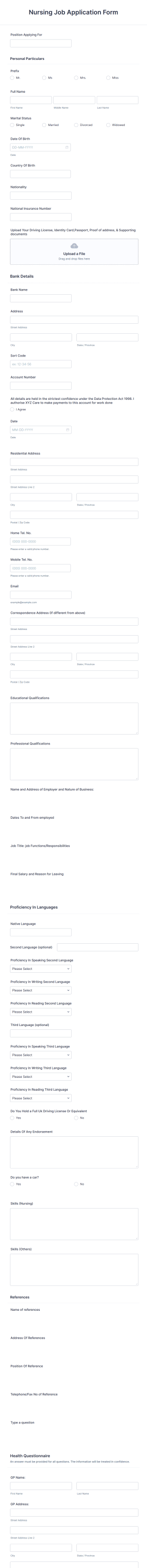Nursing Job Application Form Template