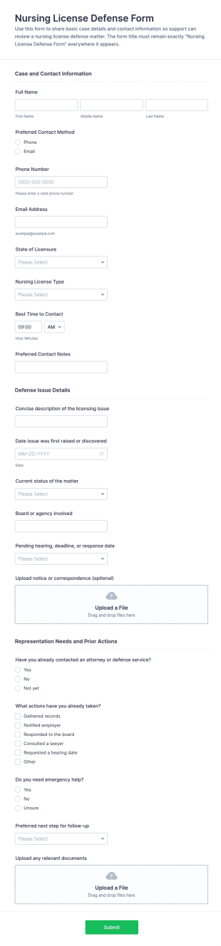 Nursing License Defense Intake Form Template