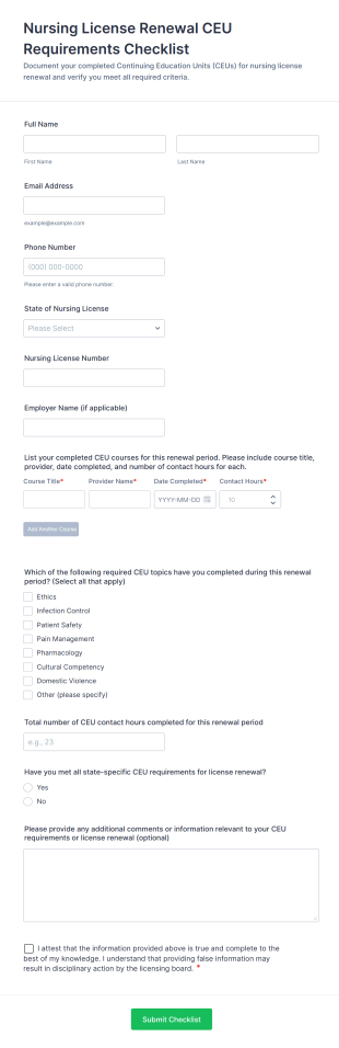 Nursing License Renewal CEU Requirements Checklist Form Template