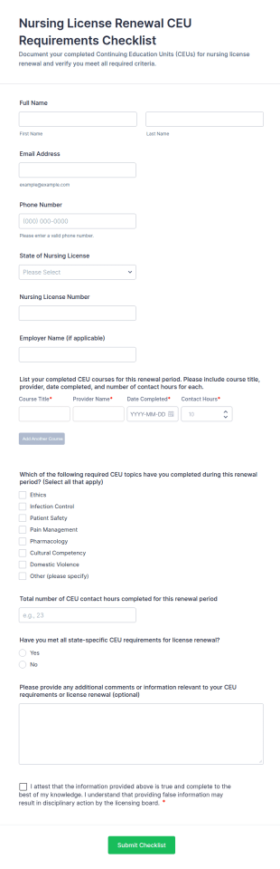 Nursing License Renewal CEU Requirements Checklist Form Template