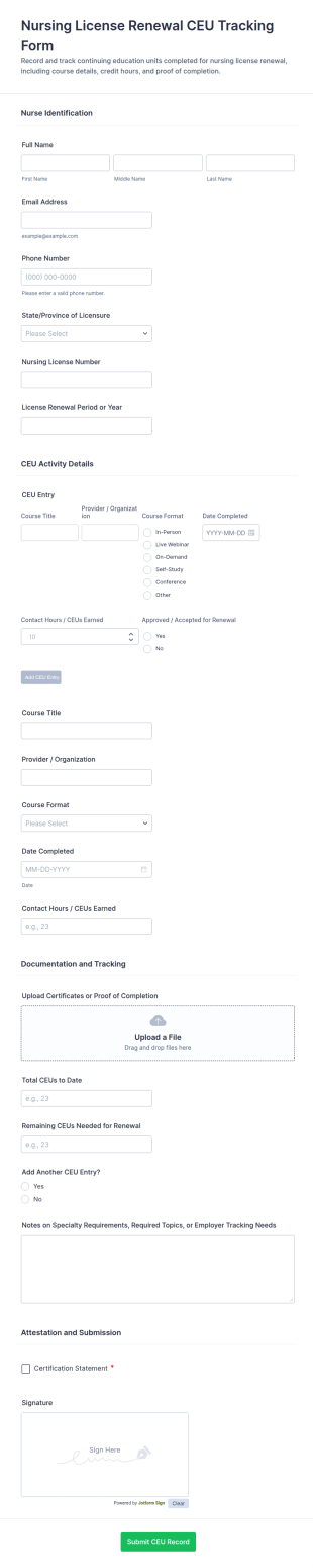 Nursing License Renewal CEU Tracking Form Template