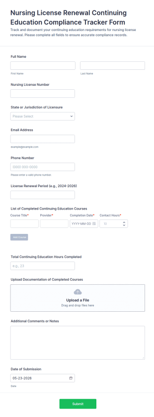 Nursing License Renewal Continuing Education Compliance Tracker Form Template