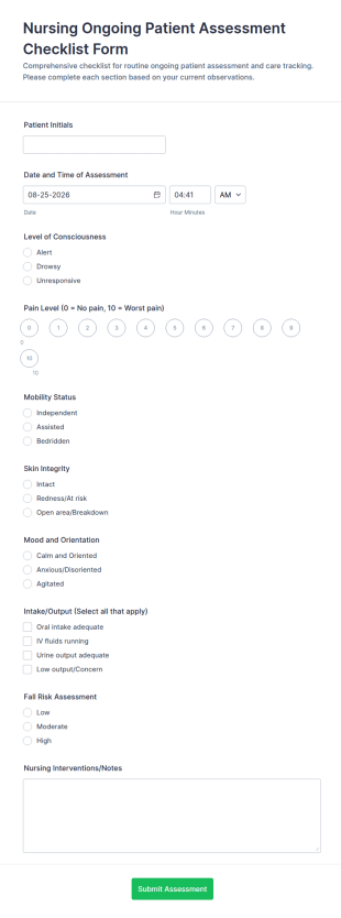 Nursing Ongoing Patient Assessment Checklist Form Template