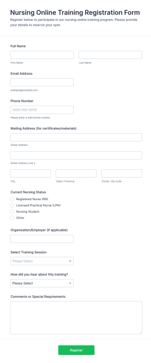 Nursing Online Training Registration Form Template