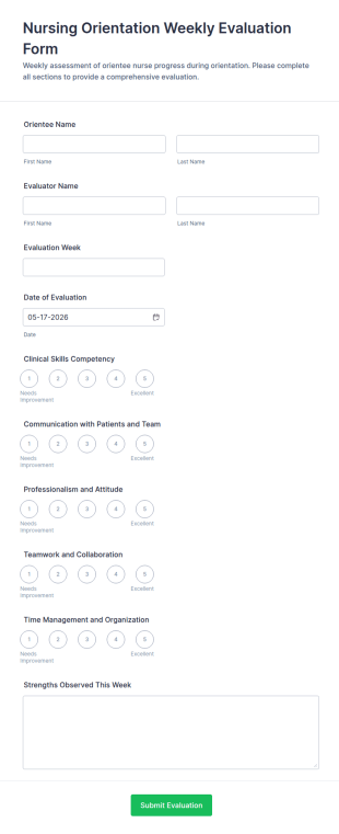 Nursing Orientation Weekly Evaluation Form Template