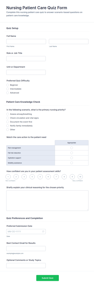 Nursing Patient Care Quiz Form Template