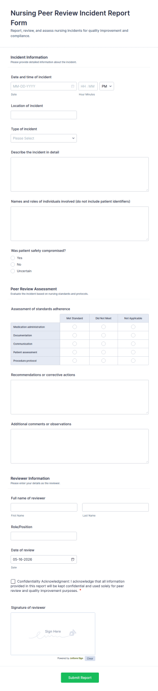 Nursing Peer Review Incident Report Form Template
