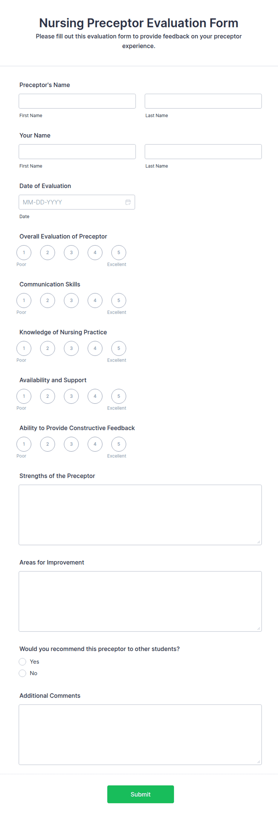 Nursing Preceptor Evaluation Form Template | Jotform