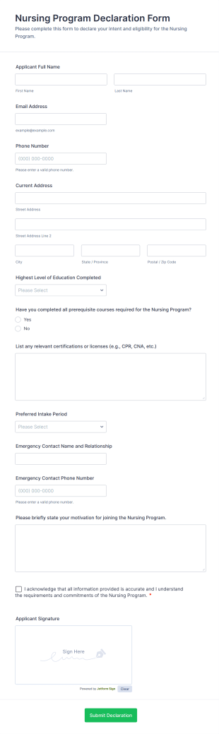 Nursing Program Declaration Form Template