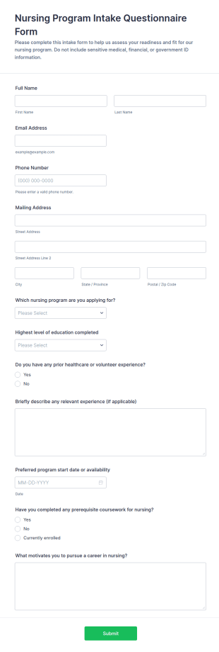 Nursing Program Intake Questionnaire Form Template