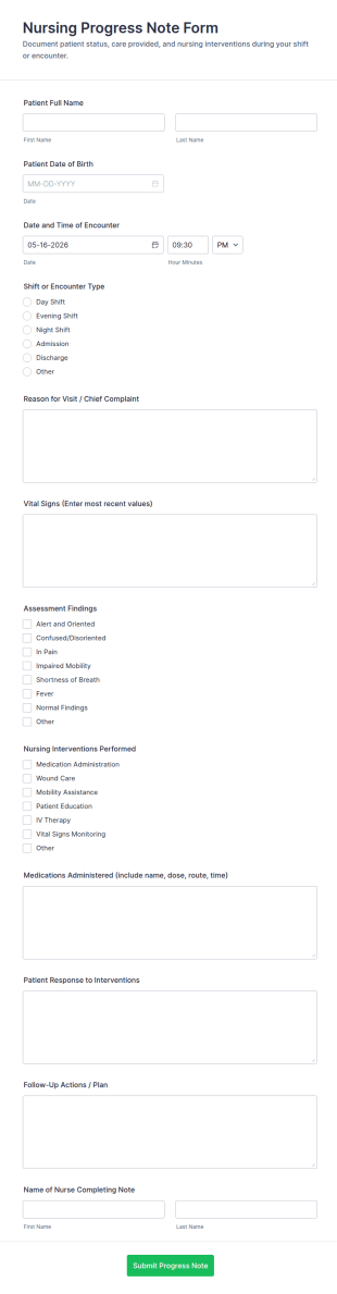 Nursing Progress Note Form Template
