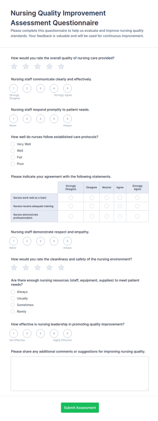 Nursing Quality Improvement Assessment Questionnaire Form Template