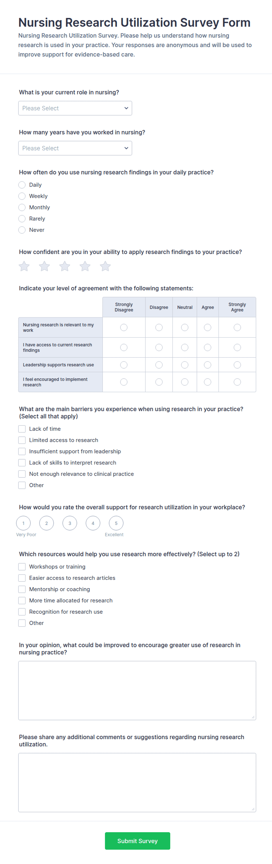 Nursing Research Utilization Survey Form Template | Jotform