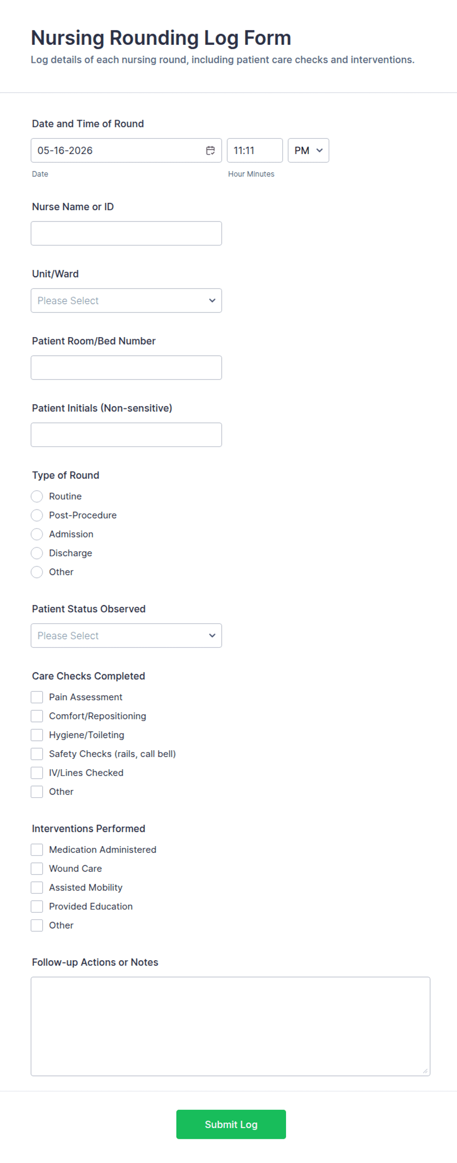 Nursing Rounding Log Form Template | Jotform