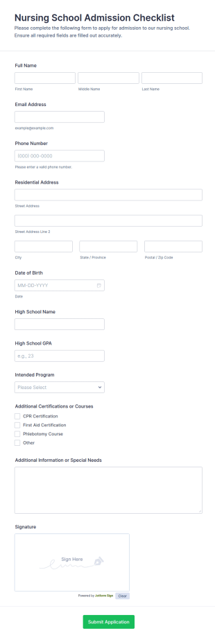 Nursing School Admission Checklist Form Template