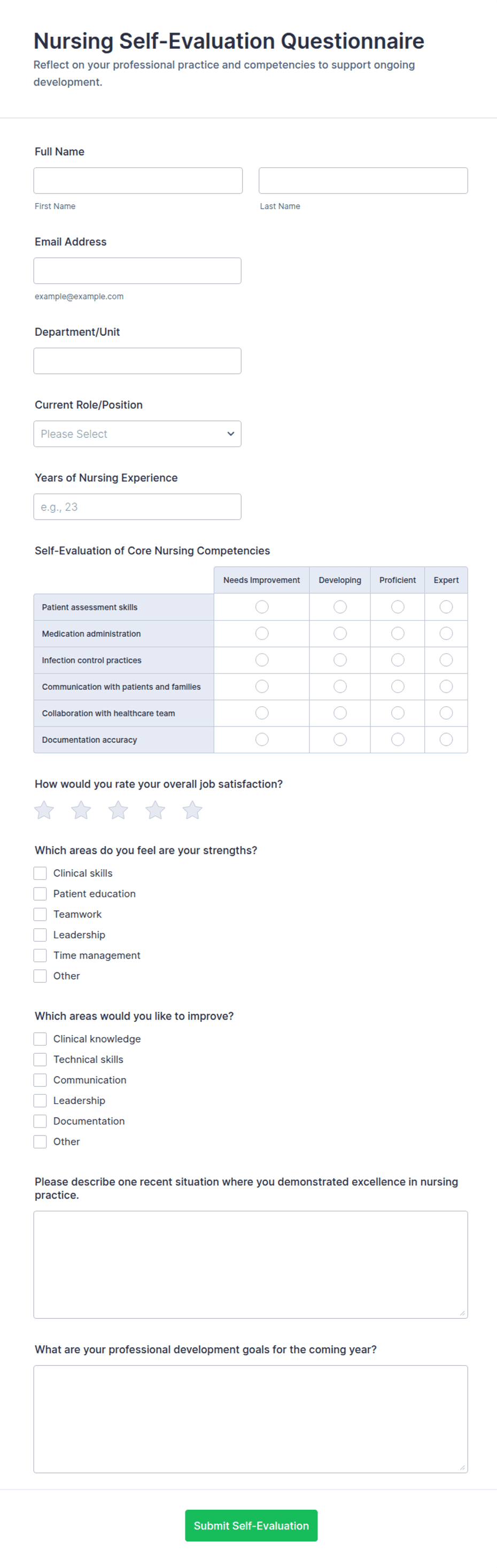 Nursing Self-Evaluation Questionnaire Form Template | Jotform