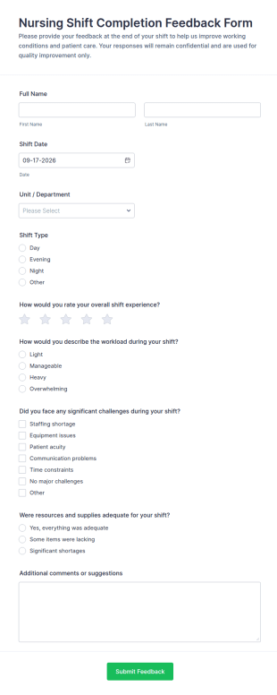 Nursing Shift Completion Feedback Form Template