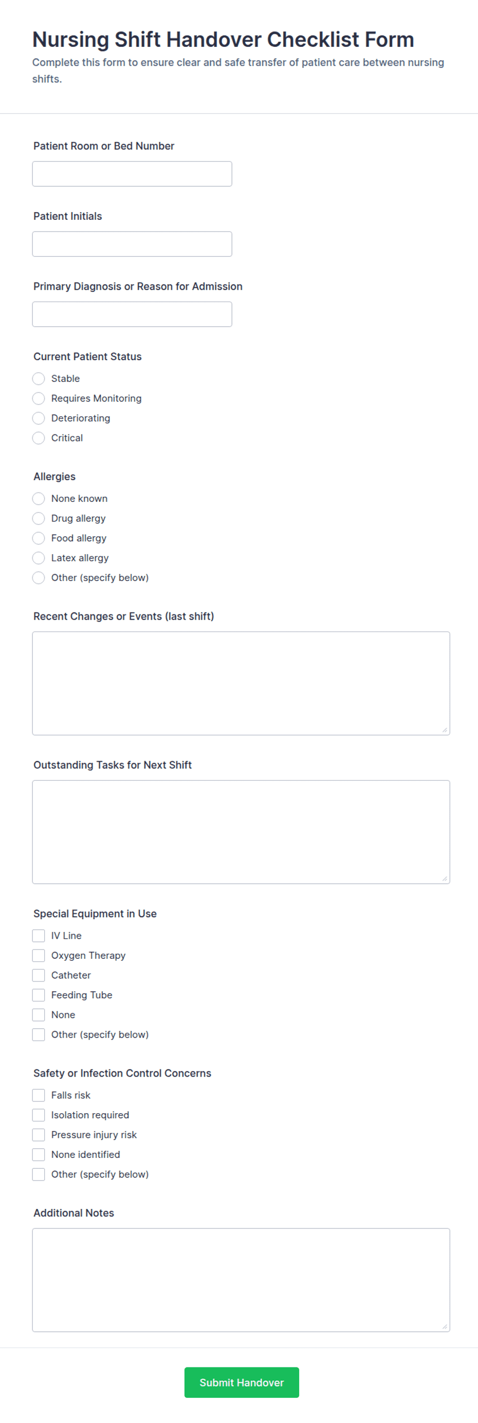 Nursing Shift Handover Checklist Form Template | Jotform