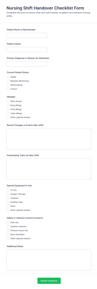 Nursing Shift Handover Checklist Form Template