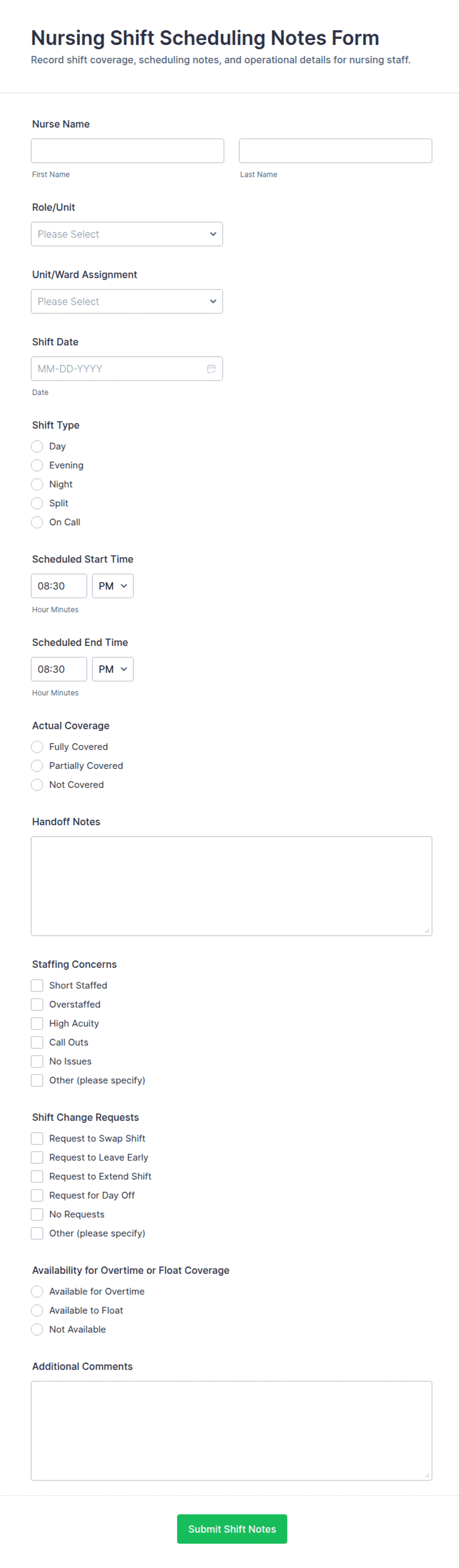 Nursing Shift Scheduling Notes Form Template | Jotform