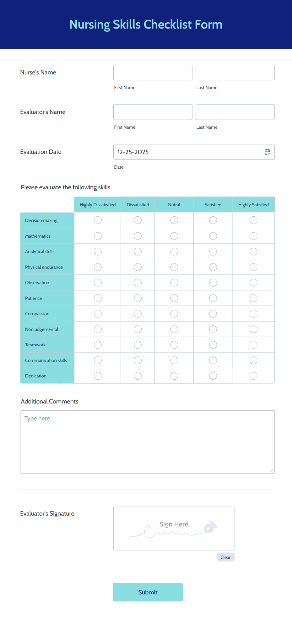 Nursing Skills Checklist Form Template | Jotform