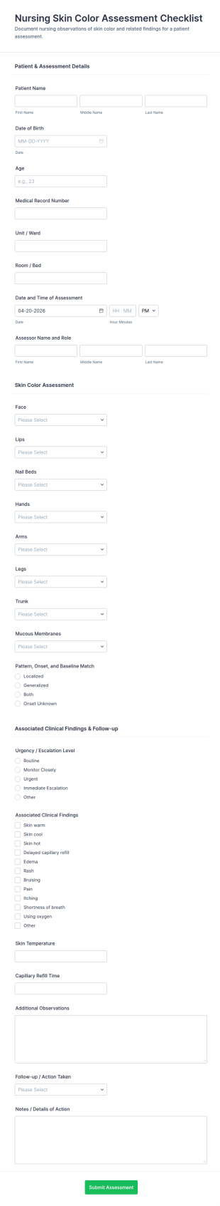 Nursing Skin Color Assessment Checklist Form Template