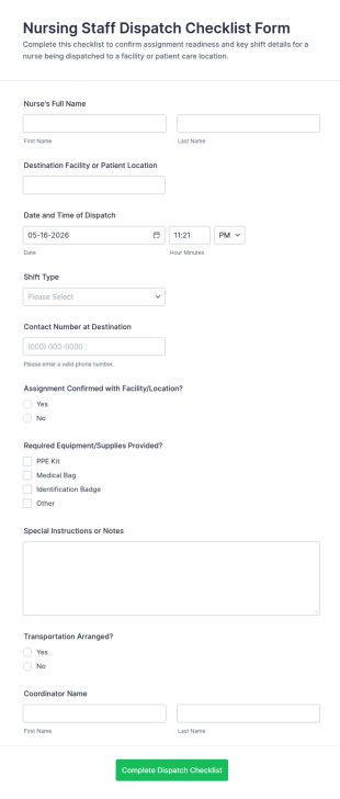 Nursing Staff Dispatch Checklist Form Template