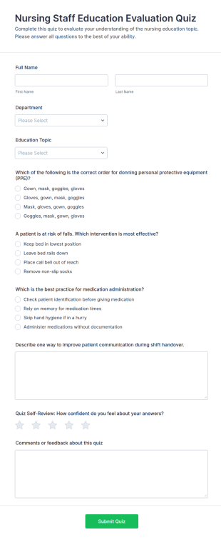 Nursing Staff Education Evaluation Quiz Form Template