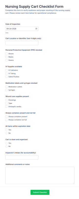 Nursing Supply Cart Checklist Form Template