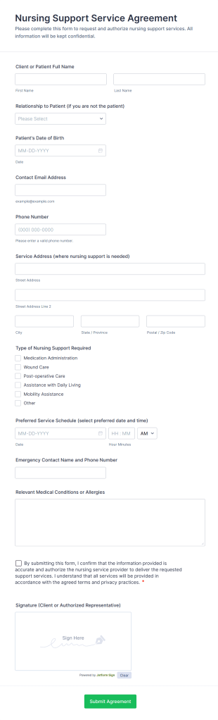Nursing Support Service Agreement Form Template