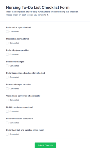 Nursing To Do List Checklist Form Template