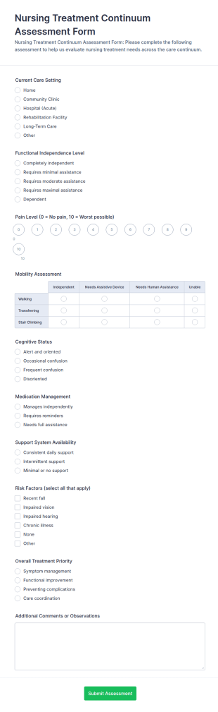Nursing Treatment Continuum Assessment Form Template