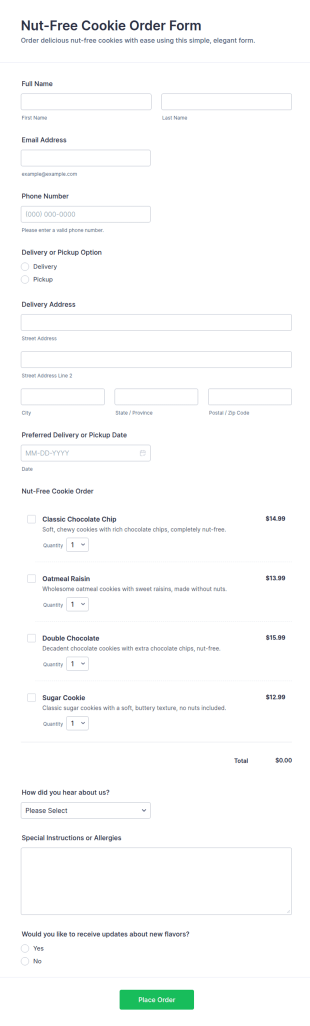 Nut Free Cookie Order Form Template
