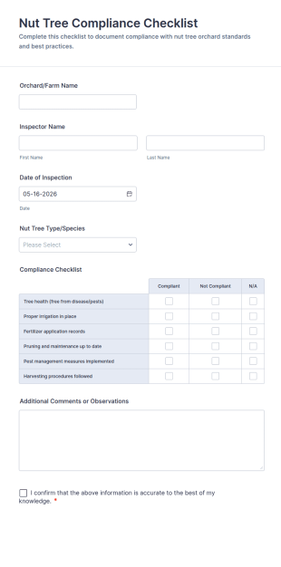 Nut Tree Compliance Checklist Form Template