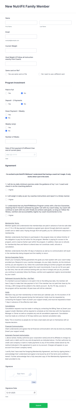 Fitness Program New Member Registration Form Template