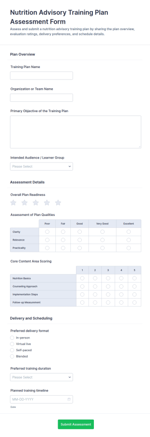 Nutrition Advisory Training Plan Assessment Form Template