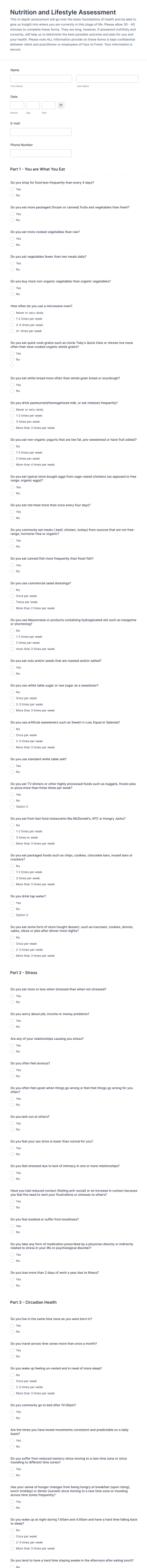 Nutrition And Lifestyle Assessment Form Template
