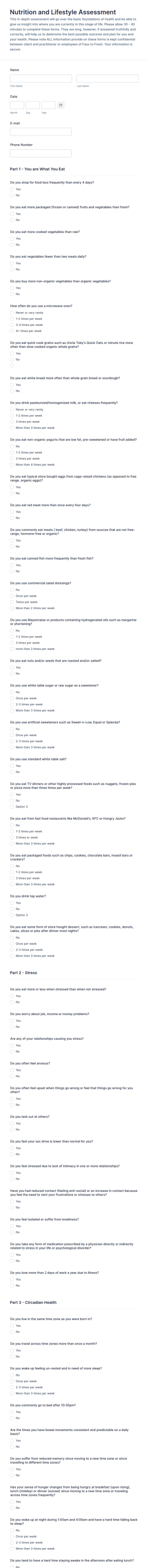 Nutrition And Lifestyle Assessment Form Template