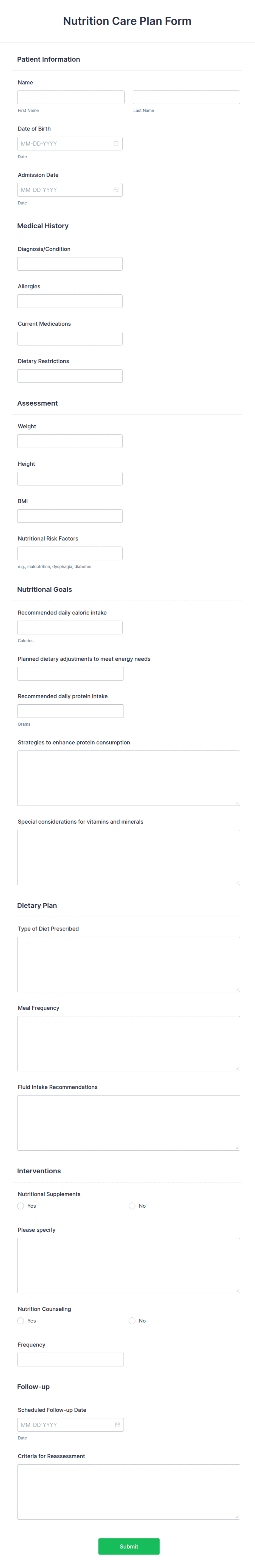 Nutrition Care Plan Form Template | Jotform
