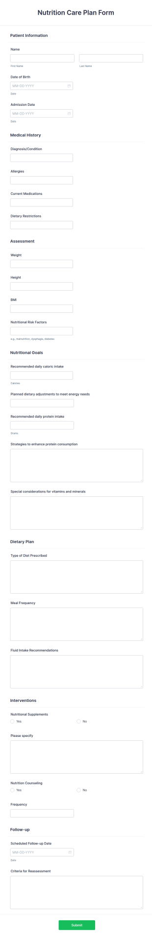 Nutrition Care Plan Form Template
