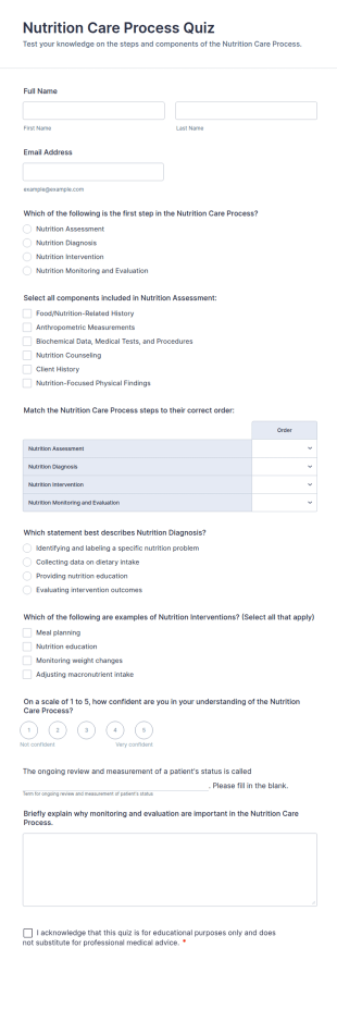Nutrition Care Process Quiz Form Template
