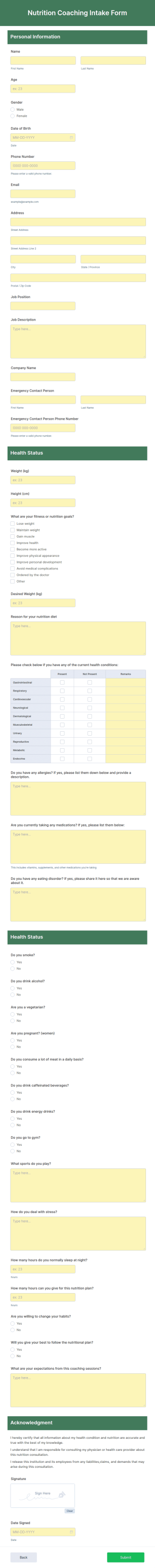 Nutrition Coaching Intake Form Template