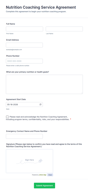 Nutrition Coaching Service Agreement Form Template