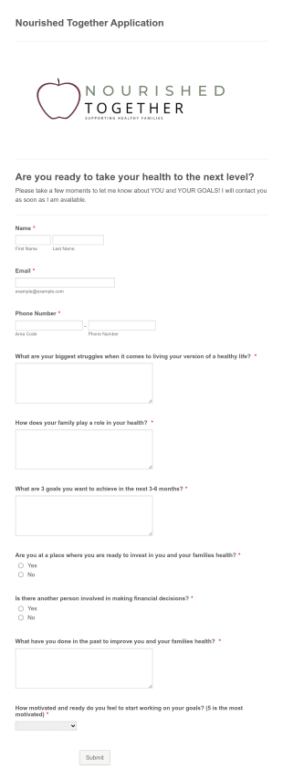 Nutrition Counseling Application Form Template
