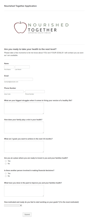 Nutrition Counseling Application Form Template