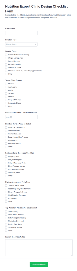Nutrition Expert Clinic Design Checklist Form Template