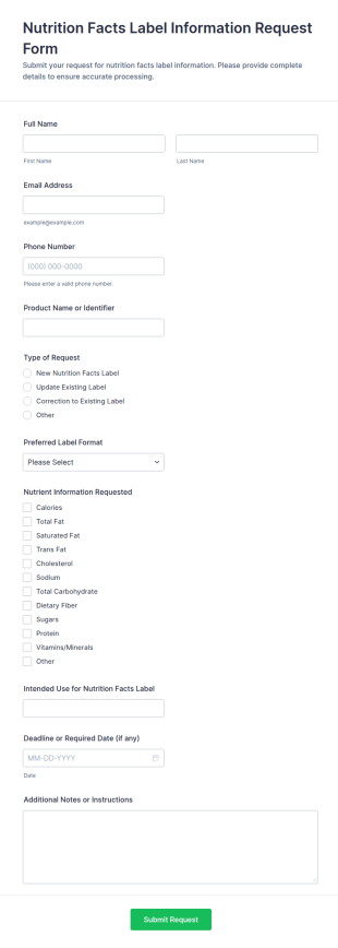 Nutrition Facts Label Information Request Form Template