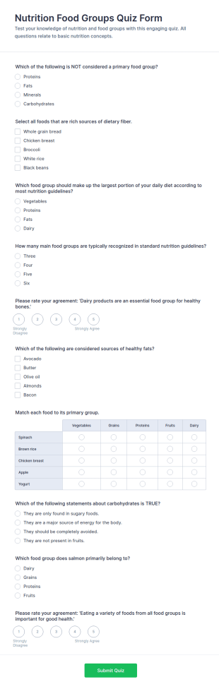 Nutrition Food Groups Quiz Form Template